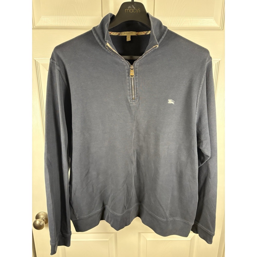 Burberry London Men's Quarter Zip Pullover Sweatshirt Navy Blue XXL Nova Check